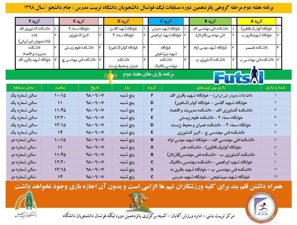 برنامه هفته دوم پانزدهمین دوره لیگ فوتسال دانشجویان دانشگاه (جام دانشجو)